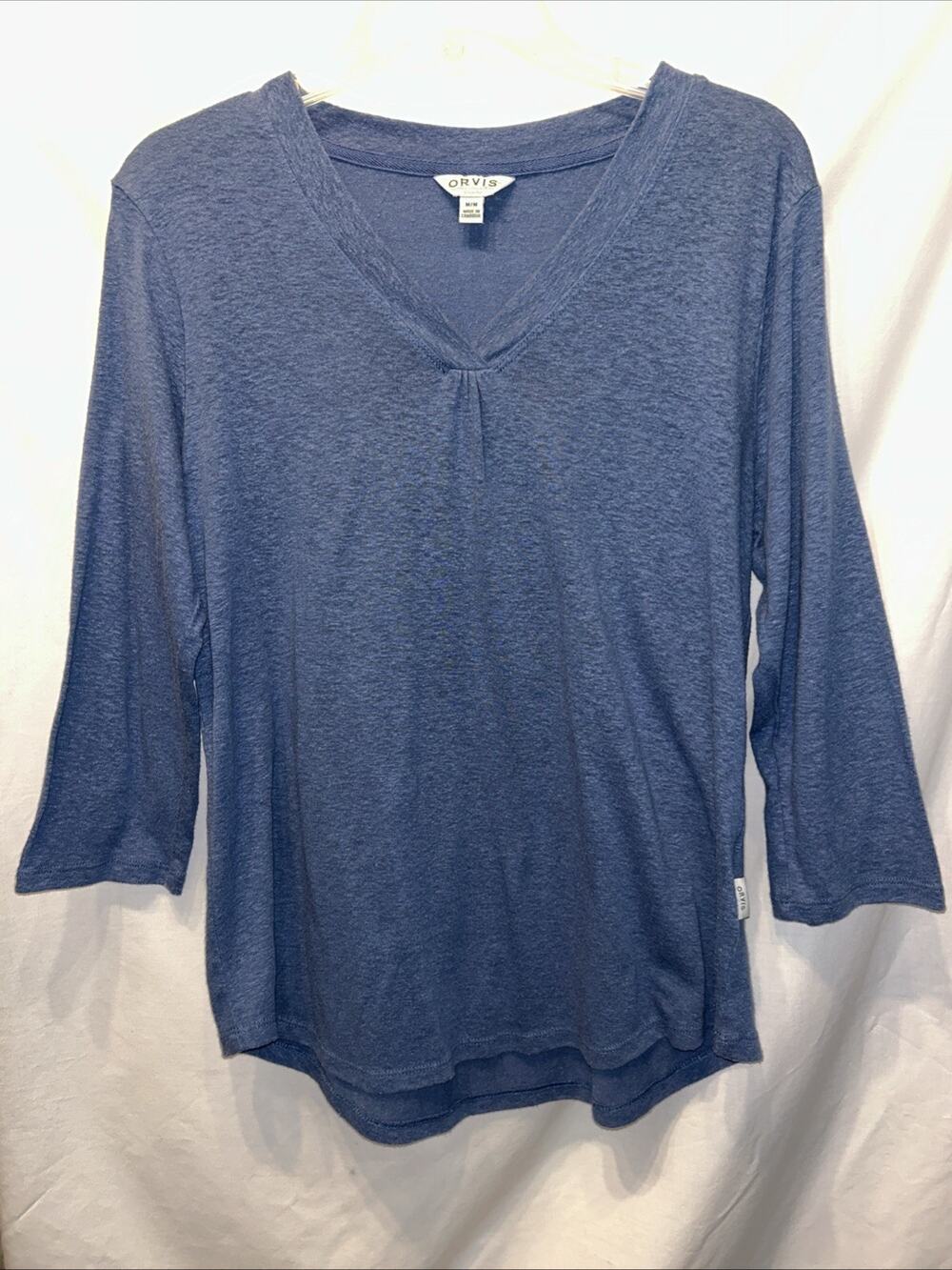 Orvis Women’s Medium Linen Blend Blue 3/4 Sleeve V Neck Tee Minimalist Beach